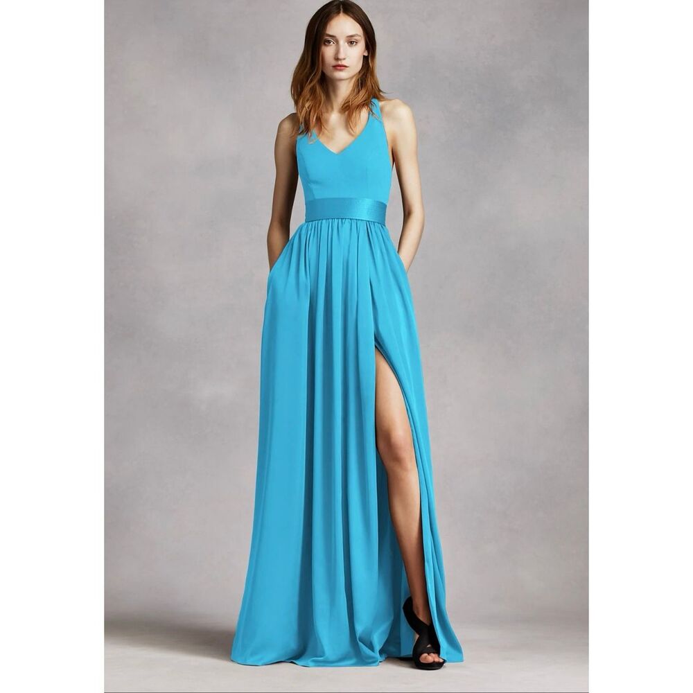 White by Vera Wang Teal Halter Maxi Gown Open Back Bow Sz 14